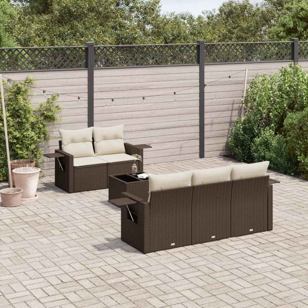 6 Pcs conjunto de sofás jardim c/ almofadões vime PE castanho