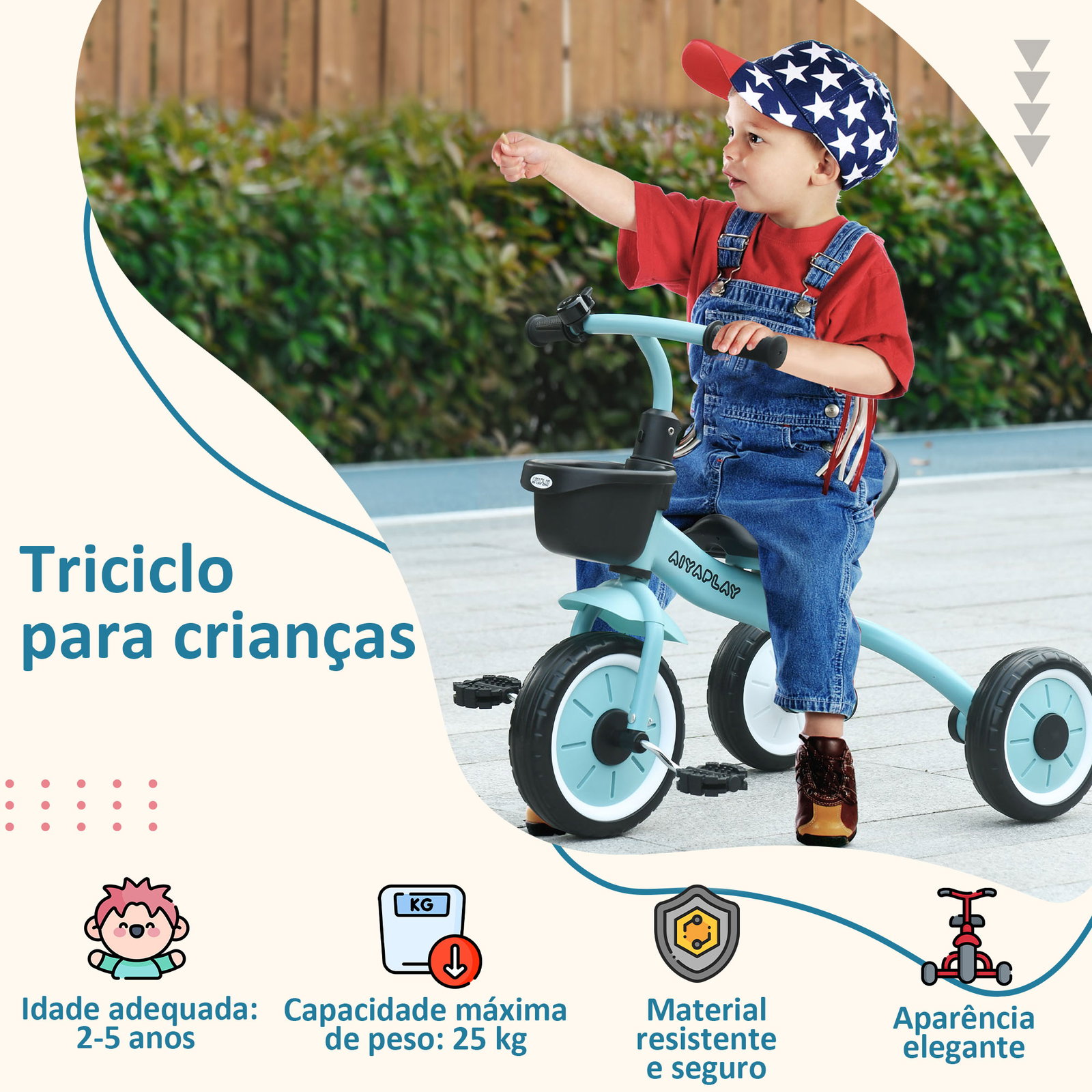 Triciclo para crianças de 2 a 5 anos com assento ajustável cesta buzina e pedais e 3 rodas 70,5x53x58 cm azul