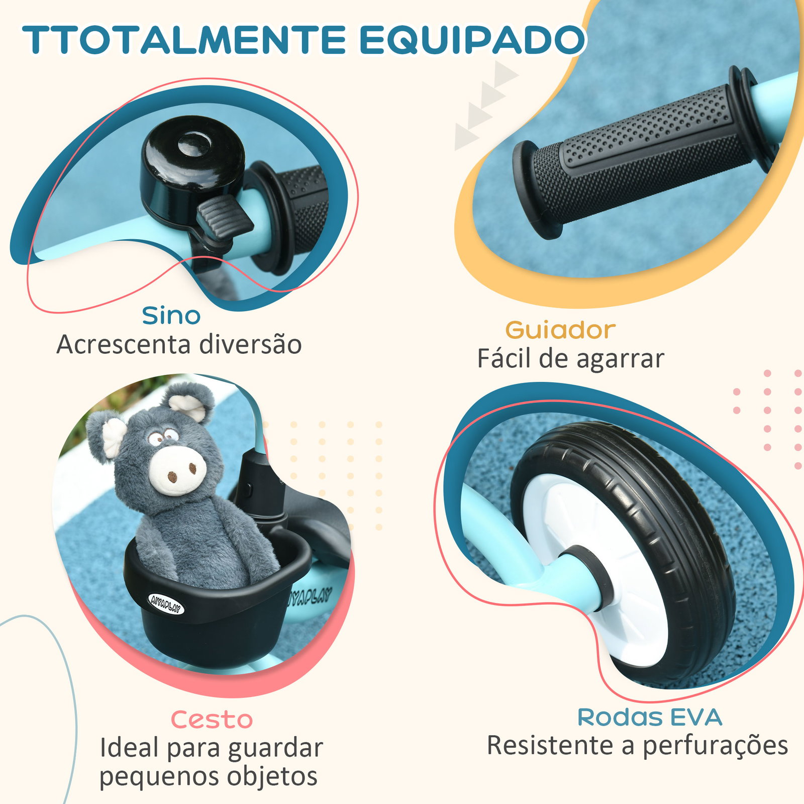 Triciclo para crianças de 2 a 5 anos com assento ajustável cesta buzina e pedais e 3 rodas 70,5x53x58 cm azul
