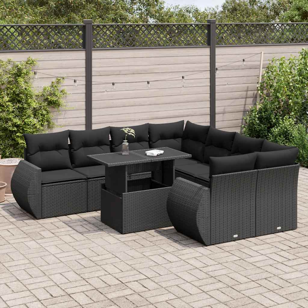 9 Pcs conjunto de sofás p/ jardim c/ almofadões vime PE preto