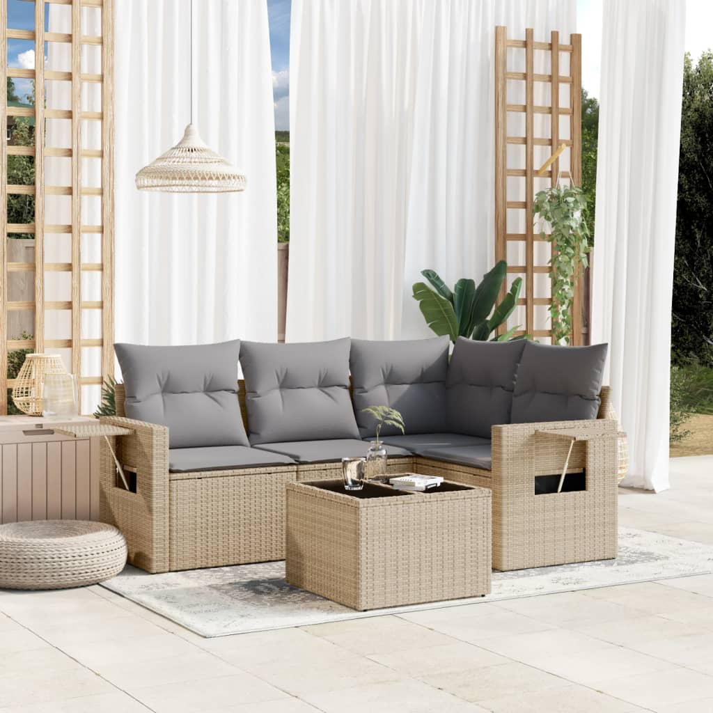 5 Pcs conjunto de sofás p/ jardim com almofadões vime PE bege