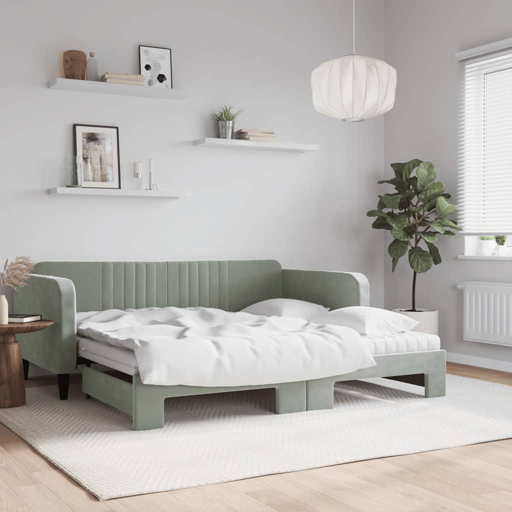 Sofá-cama c/ gavetão e colchões 90x190 cm veludo cinzento-claro