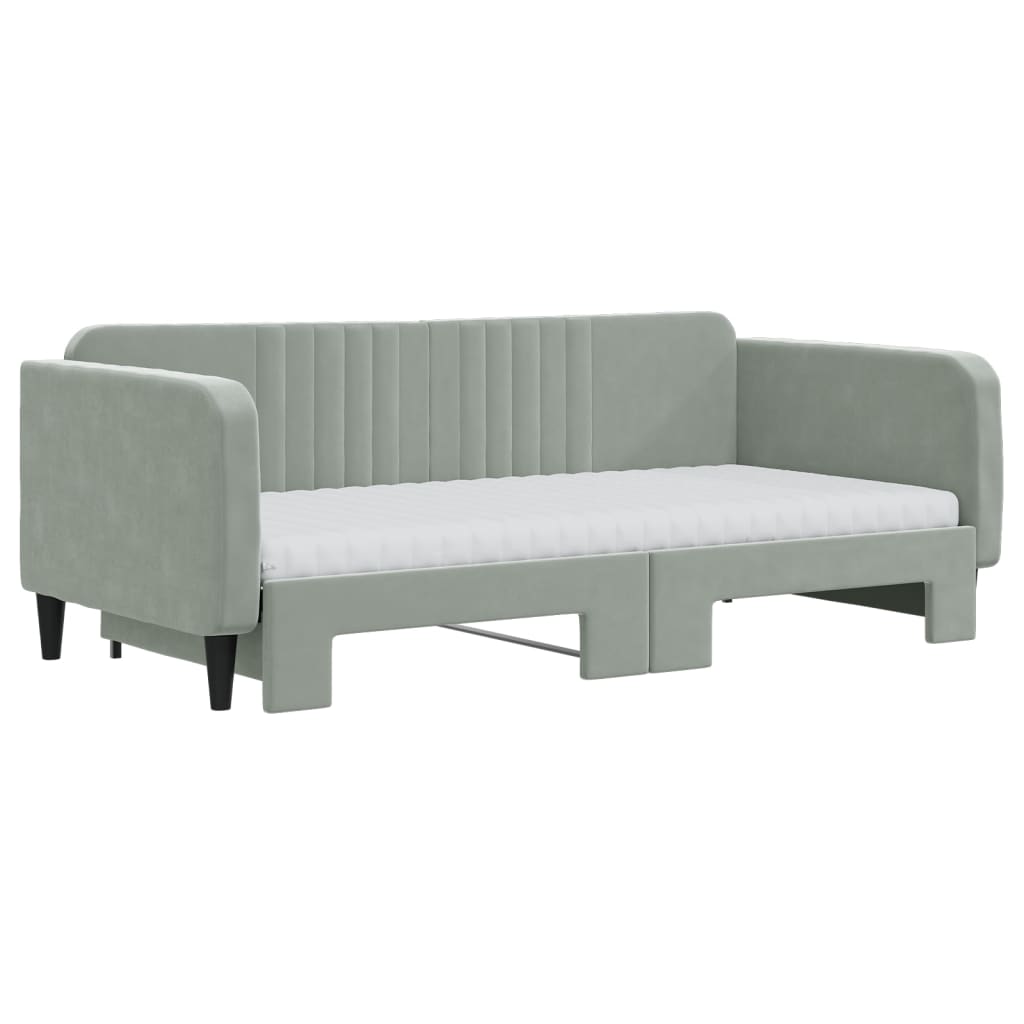 Sofá-cama c/ gavetão e colchões 90x190 cm veludo cinzento-claro