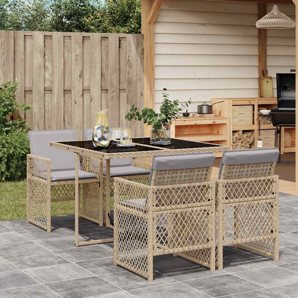 5 Pcs conjunto de jantar p/ jardim com almofadões vime PE bege