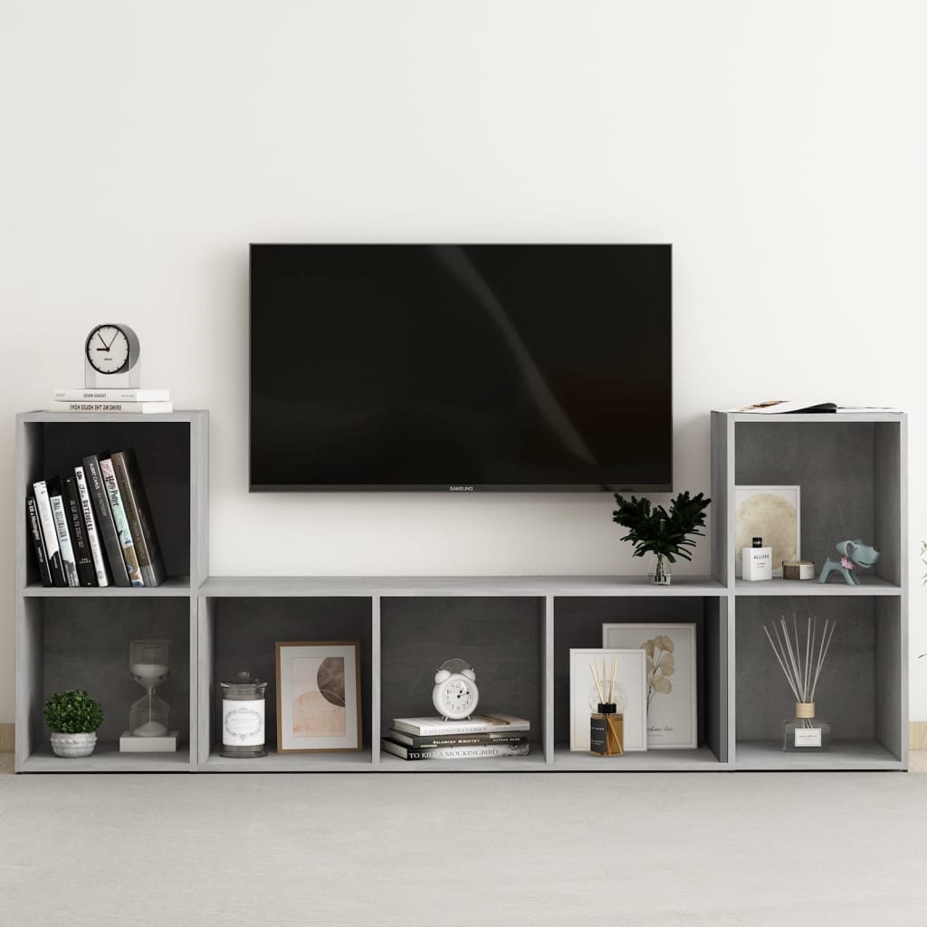 3 Pcs conjunto de móveis de TV contraplacado cinzento cimento