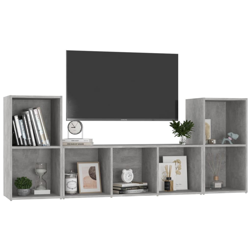 3 Pcs conjunto de móveis de TV contraplacado cinzento cimento