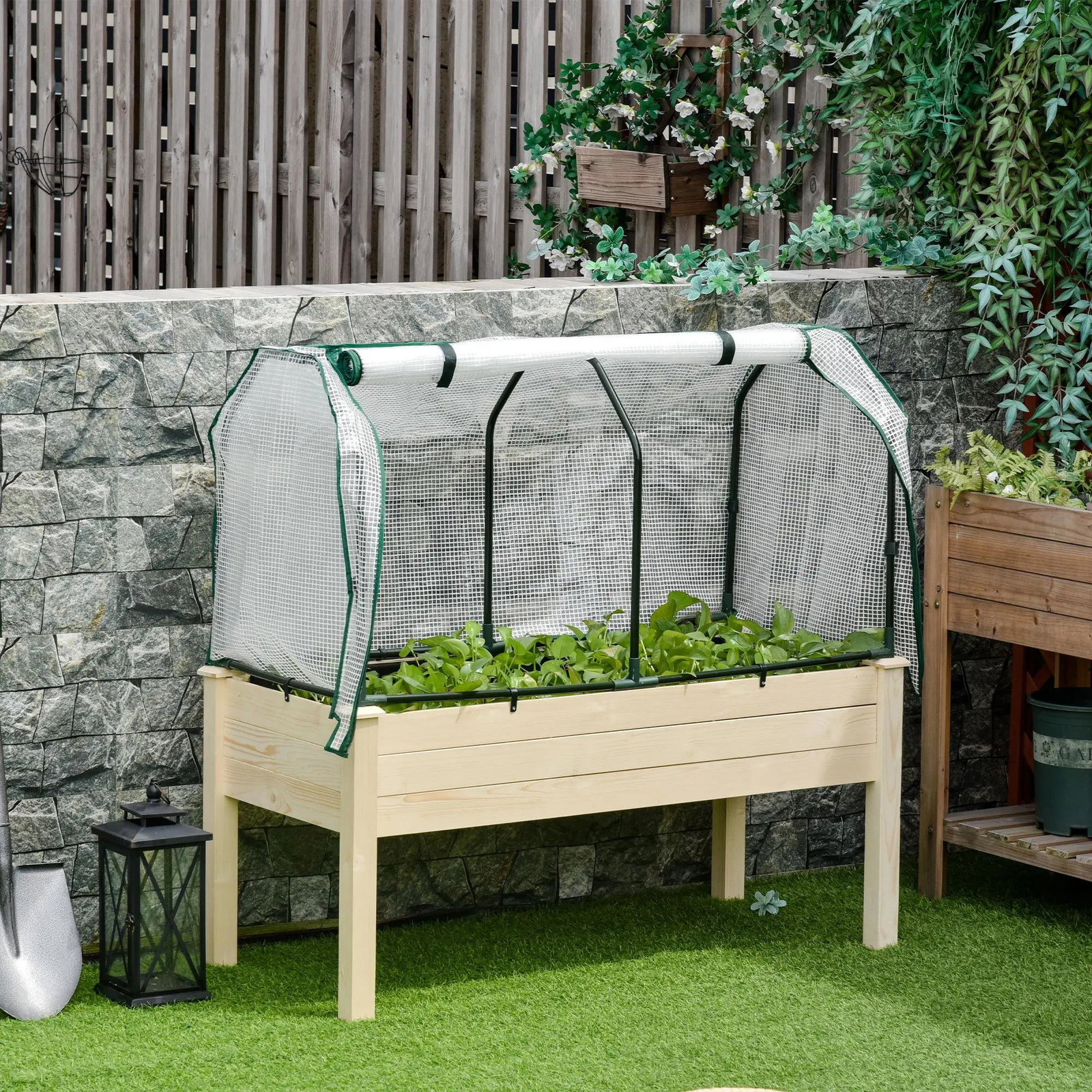 Horta vertical elevada de madeira 121x55x117cm com cobertura de proteção mesa de jardinagem para cultivo de flores vegetais e, jardim terraço madeira natural