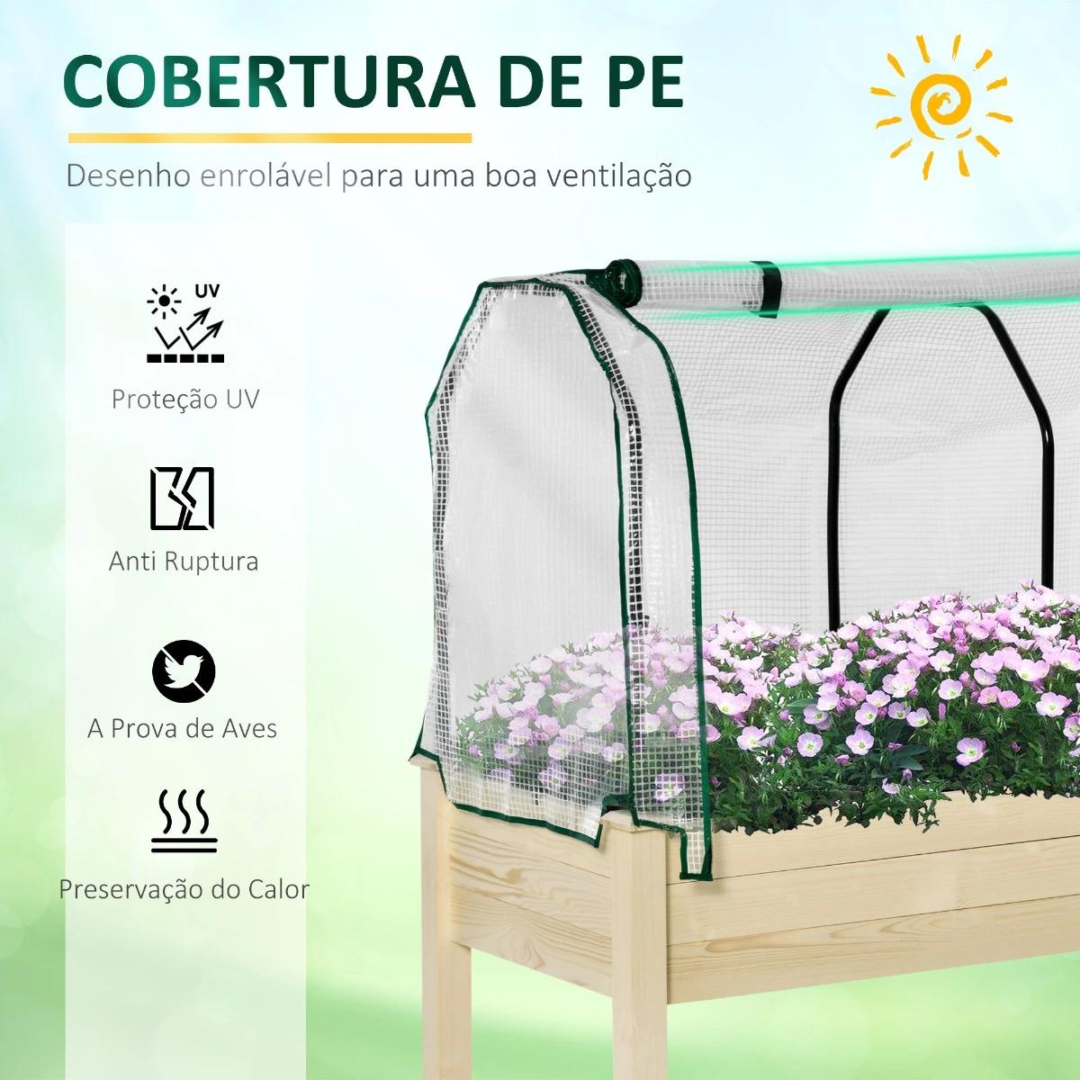 Horta vertical elevada de madeira 121x55x117cm com cobertura de proteção mesa de jardinagem para cultivo de flores vegetais e, jardim terraço madeira natural