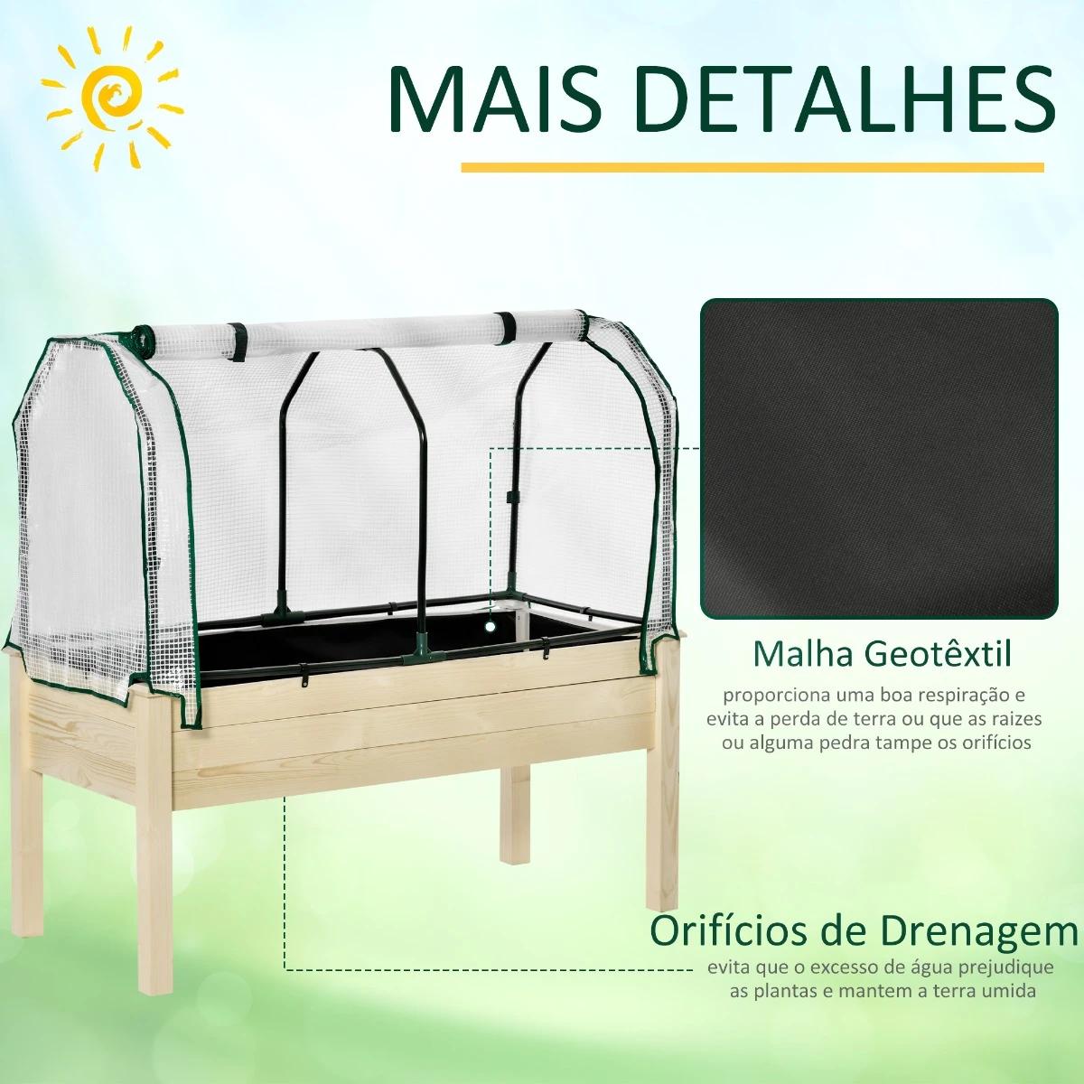 Horta vertical elevada de madeira 121x55x117cm com cobertura de proteção mesa de jardinagem para cultivo de flores vegetais e, jardim terraço madeira natural