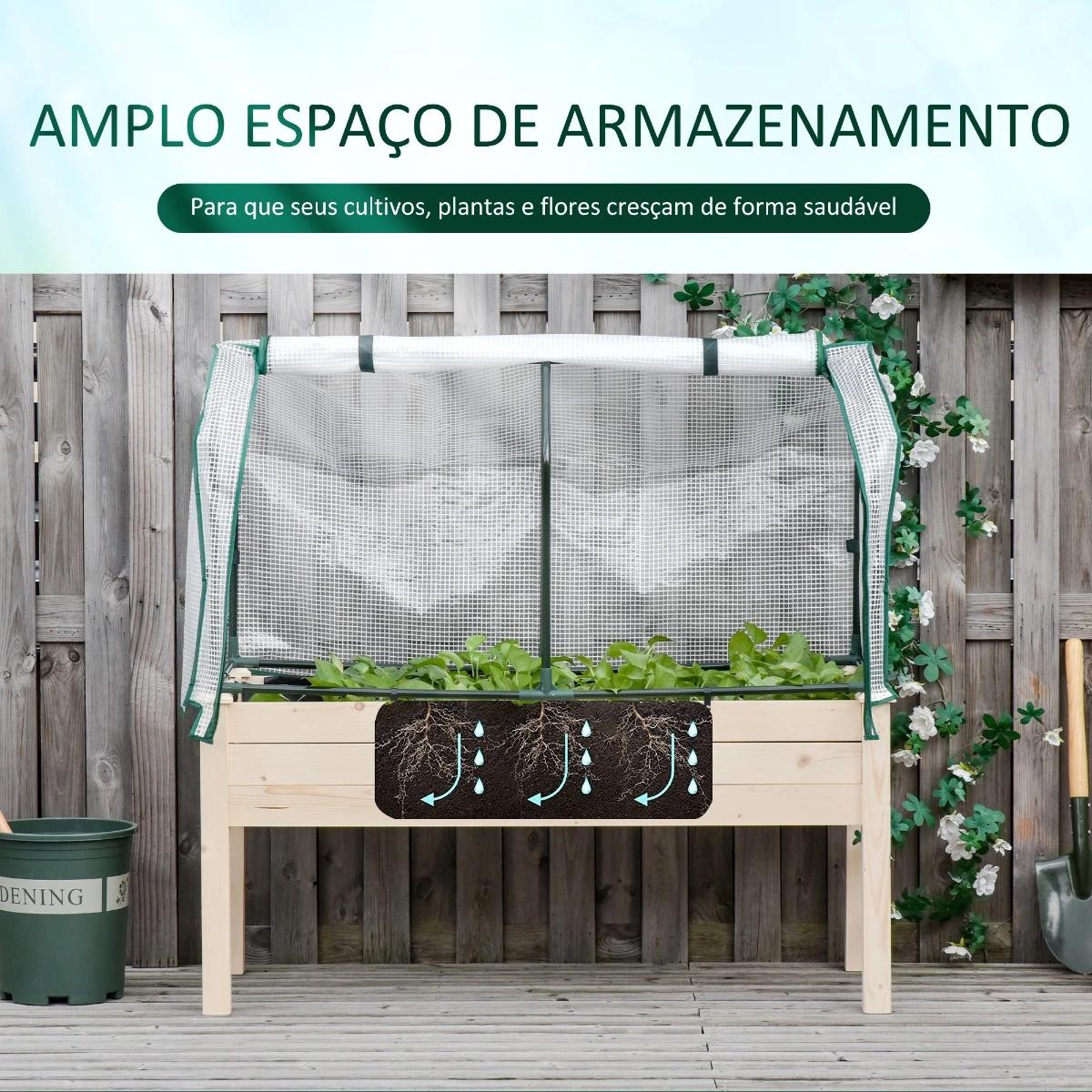 Horta vertical elevada de madeira 121x55x117cm com cobertura de proteção mesa de jardinagem para cultivo de flores vegetais e, jardim terraço madeira natural