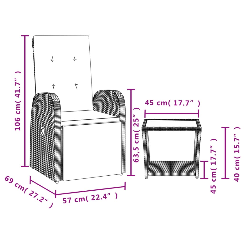 2 Pcs conjunto de jantar p/ jardim c/ almofadões vime PE cinza