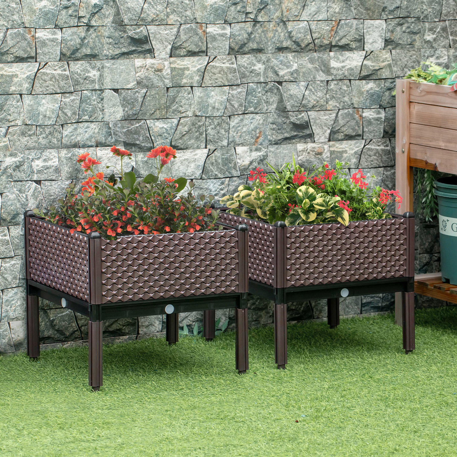 Conjunto de 2 Floreiras de Exterior Quadradas Elevadas Combinação Livre Floreiras para Jardim 50x50x46,5 cm Marrom