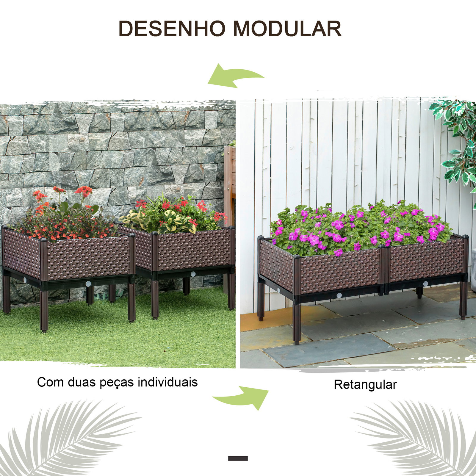 Conjunto de 2 Floreiras de Exterior Quadradas Elevadas Combinação Livre Floreiras para Jardim 50x50x46,5 cm Marrom