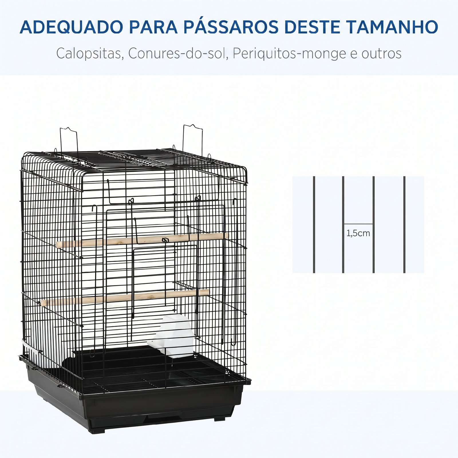 Gaiola para pássaros com teto abatível 2 poleiros 2 comedouros e bandeja amovível para canários periquitos 40x40x59 cm preto
