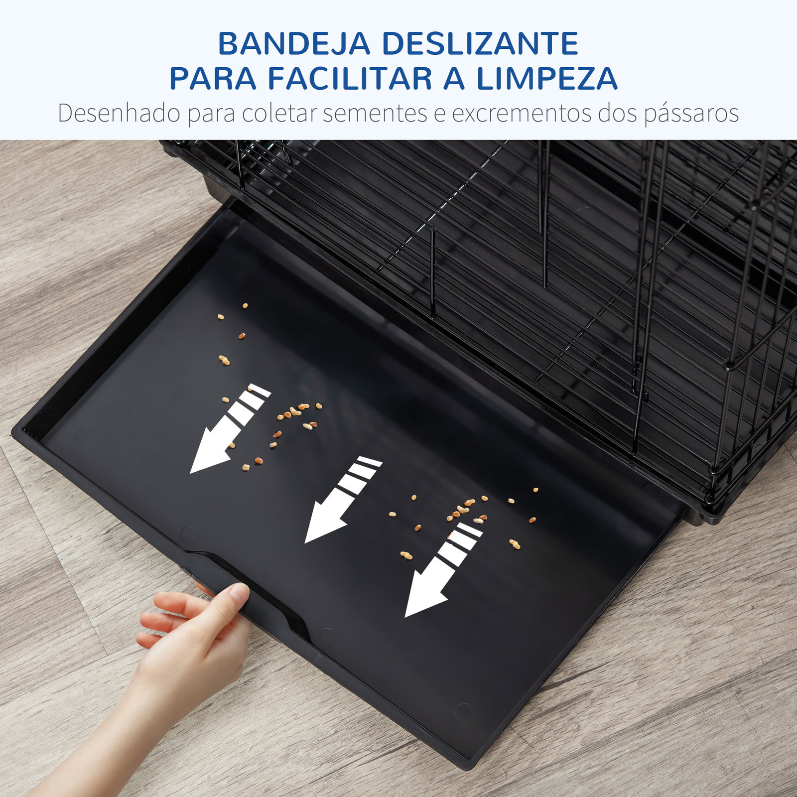 Gaiola para pássaros com teto abatível 2 poleiros 2 comedouros e bandeja amovível para canários periquitos 40x40x59 cm preto