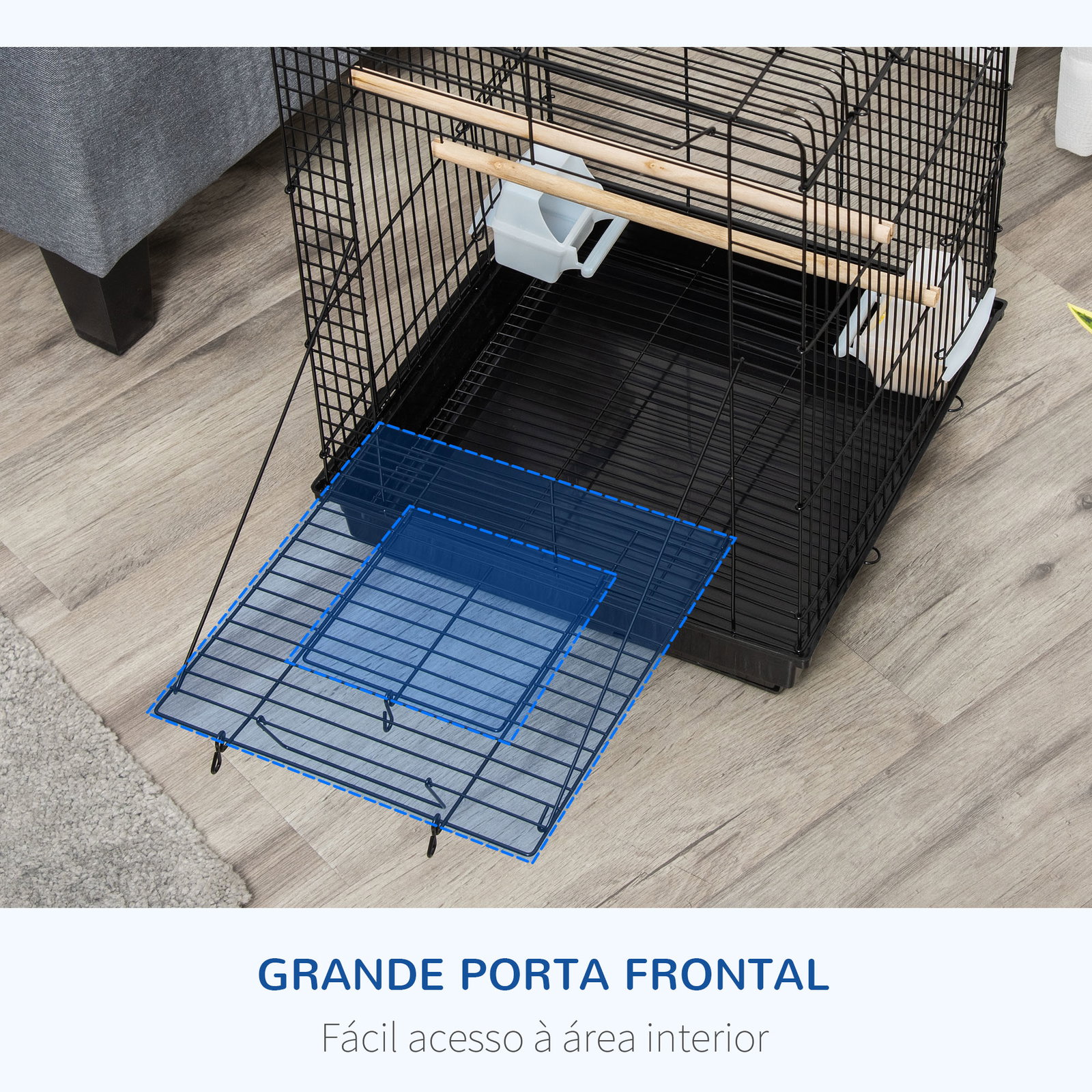 Gaiola para pássaros com teto abatível 2 poleiros 2 comedouros e bandeja amovível para canários periquitos 40x40x59 cm preto