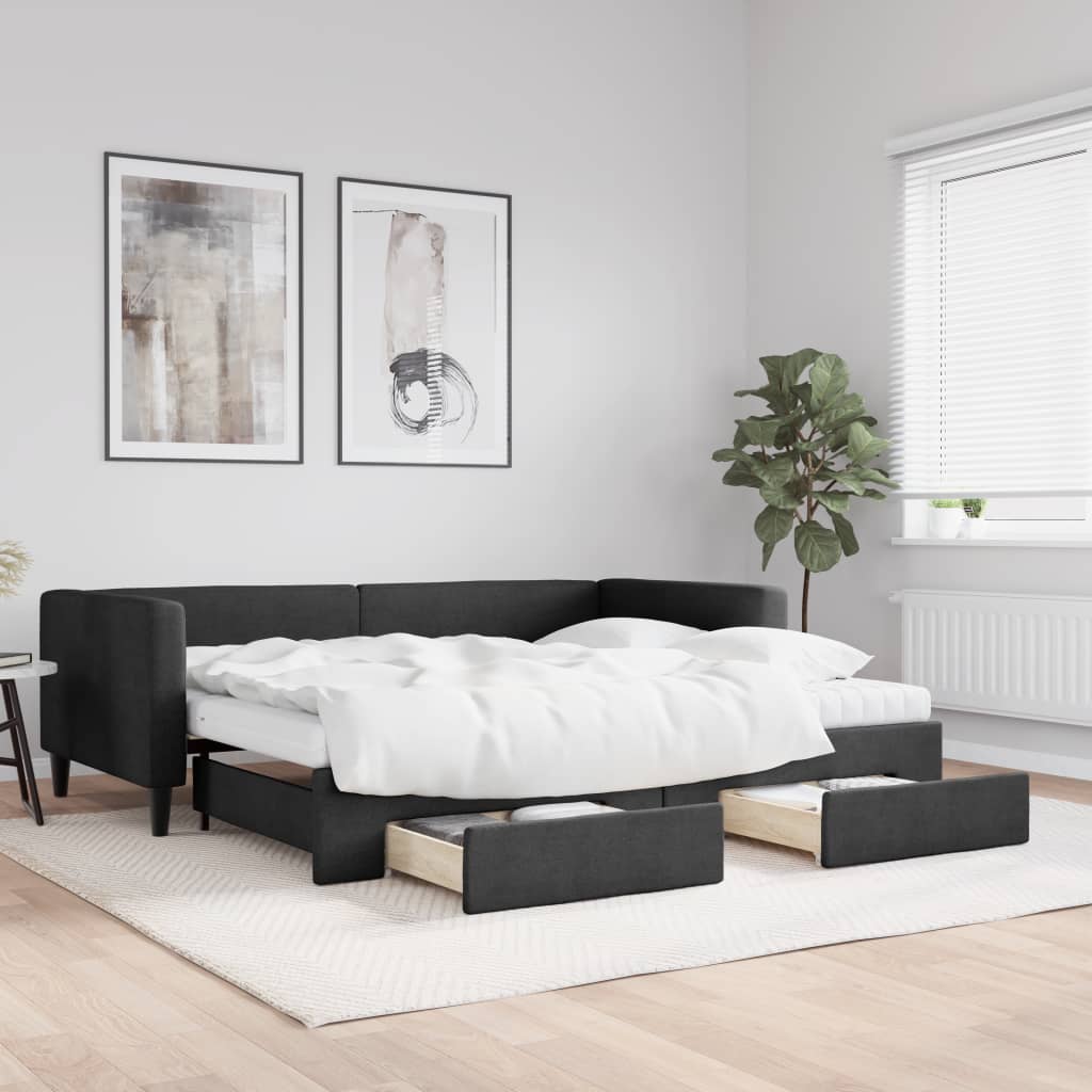 Sofá-cama com gavetão e gavetas 90x190 cm tecido preto