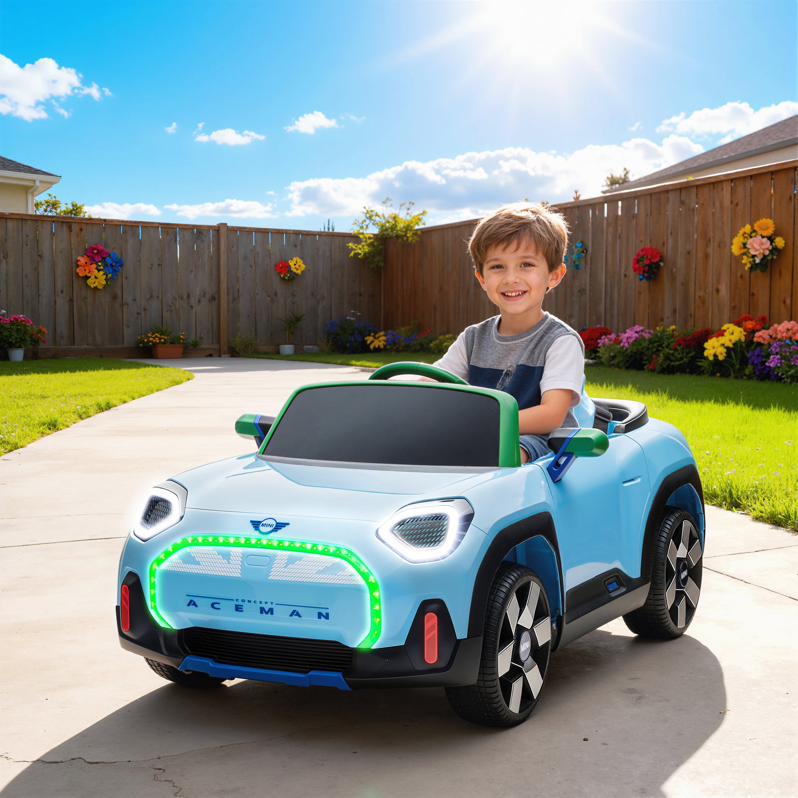 Carro elétrico para crianças mini concept aceman 12v com bluetooth motor duplo suspensão traseira faróis música USB 109x63x46 cm azul