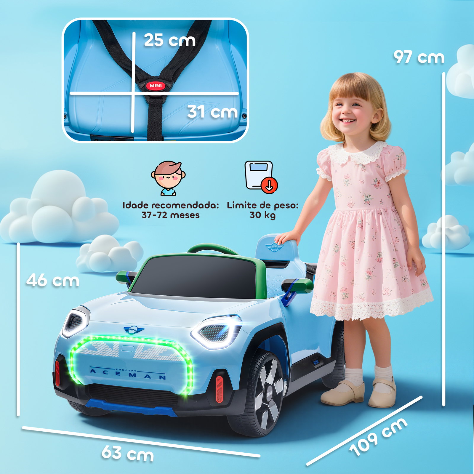 Carro elétrico para crianças mini concept aceman 12v com bluetooth motor duplo suspensão traseira faróis música USB 109x63x46 cm azul