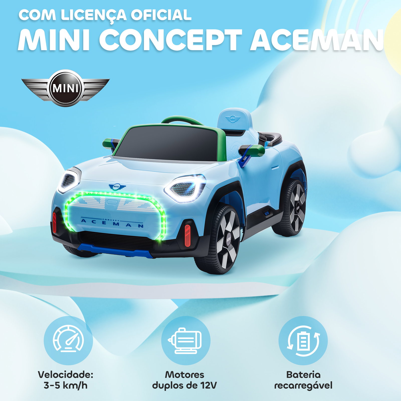 Carro elétrico para crianças mini concept aceman 12v com bluetooth motor duplo suspensão traseira faróis música USB 109x63x46 cm azul