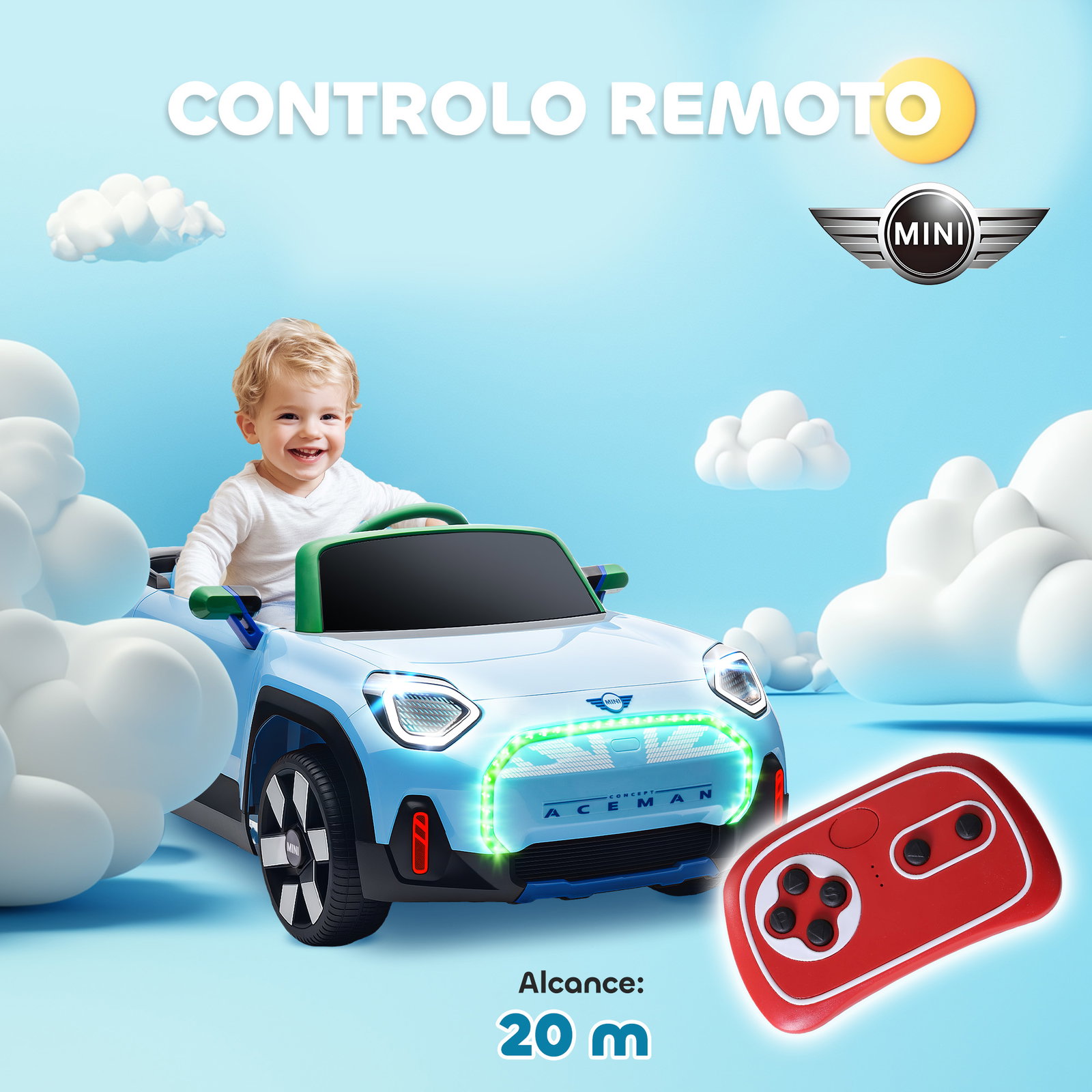Carro elétrico para crianças mini concept aceman 12v com bluetooth motor duplo suspensão traseira faróis música USB 109x63x46 cm azul
