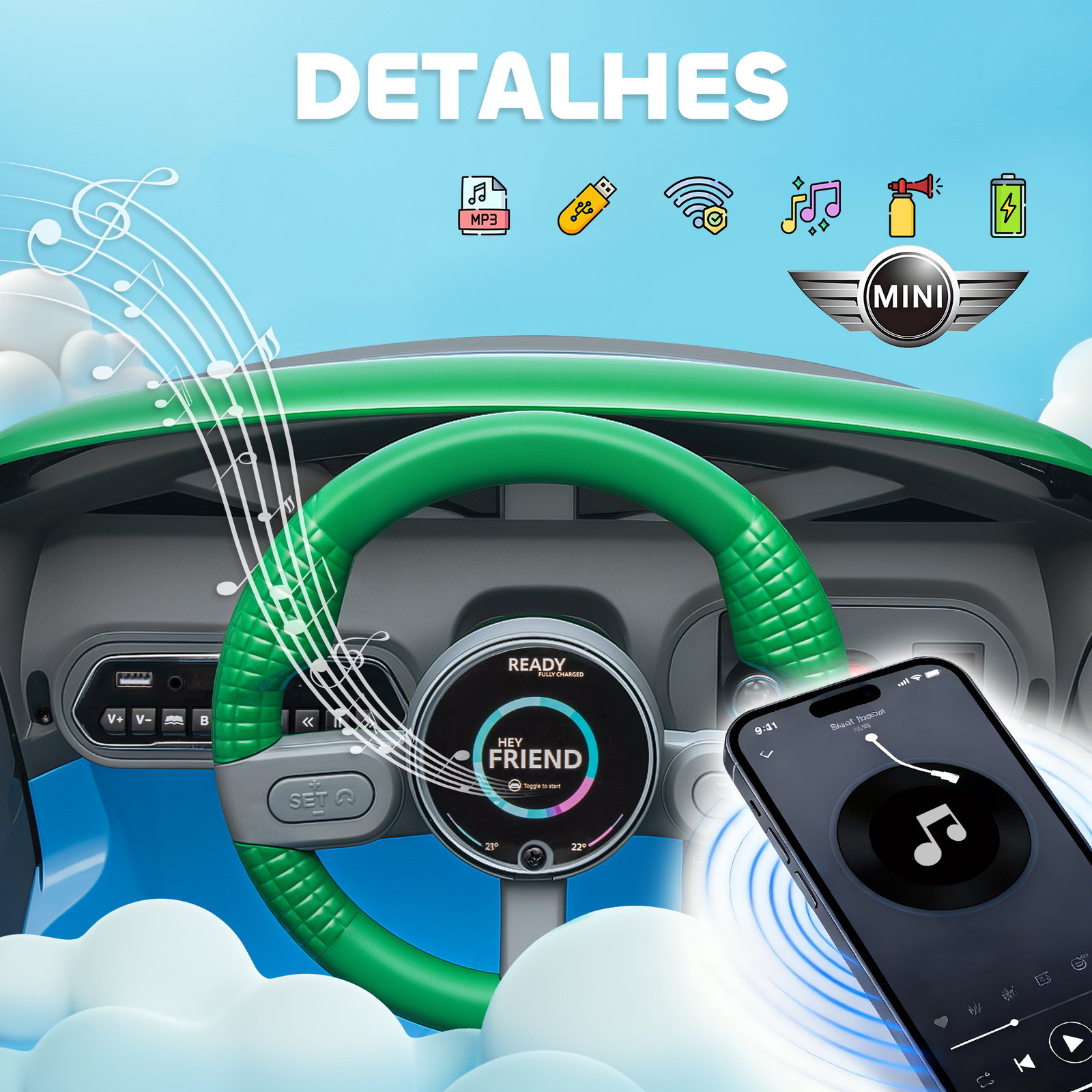 Carro elétrico para crianças mini concept aceman 12v com bluetooth motor duplo suspensão traseira faróis música USB 109x63x46 cm azul