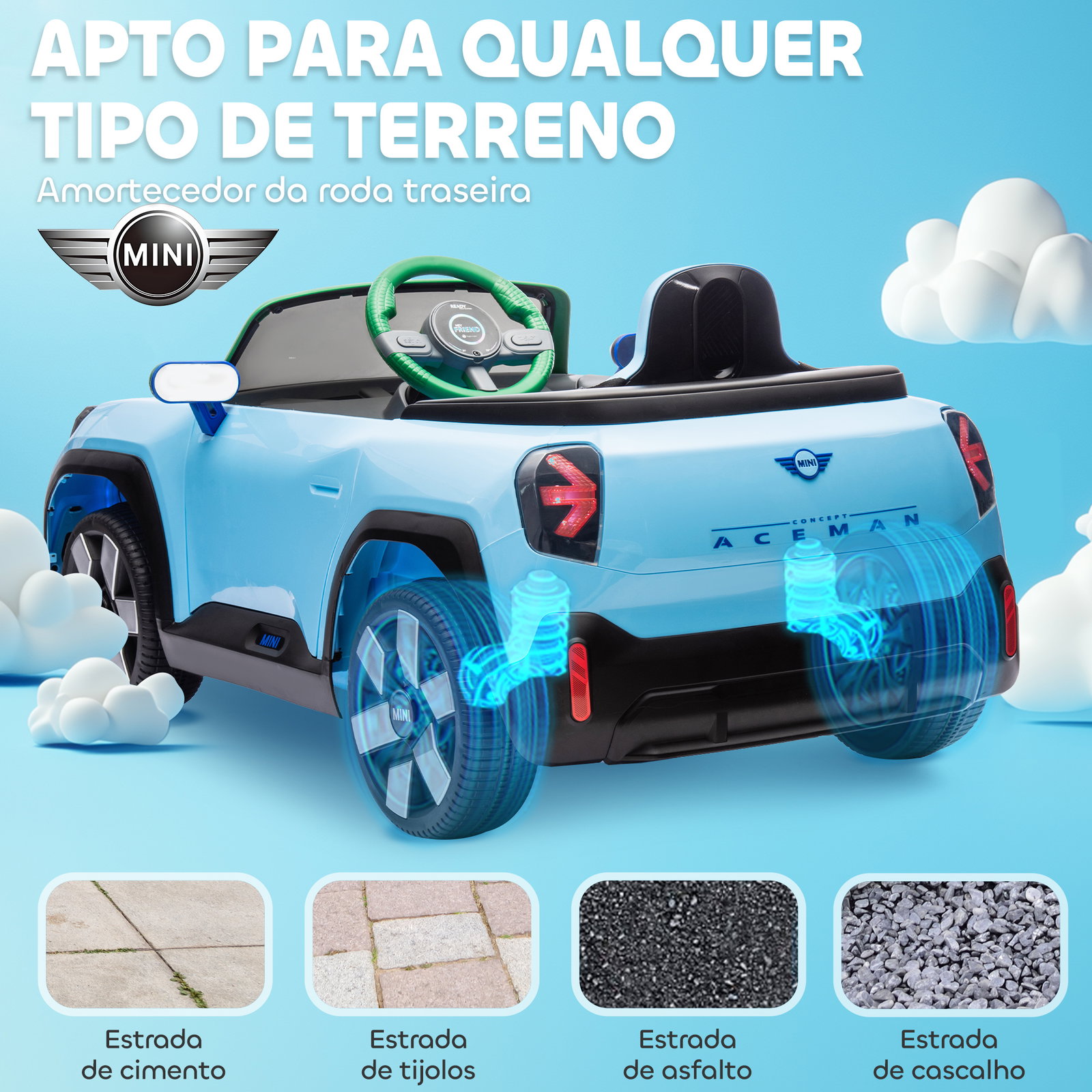 Carro elétrico para crianças mini concept aceman 12v com bluetooth motor duplo suspensão traseira faróis música USB 109x63x46 cm azul
