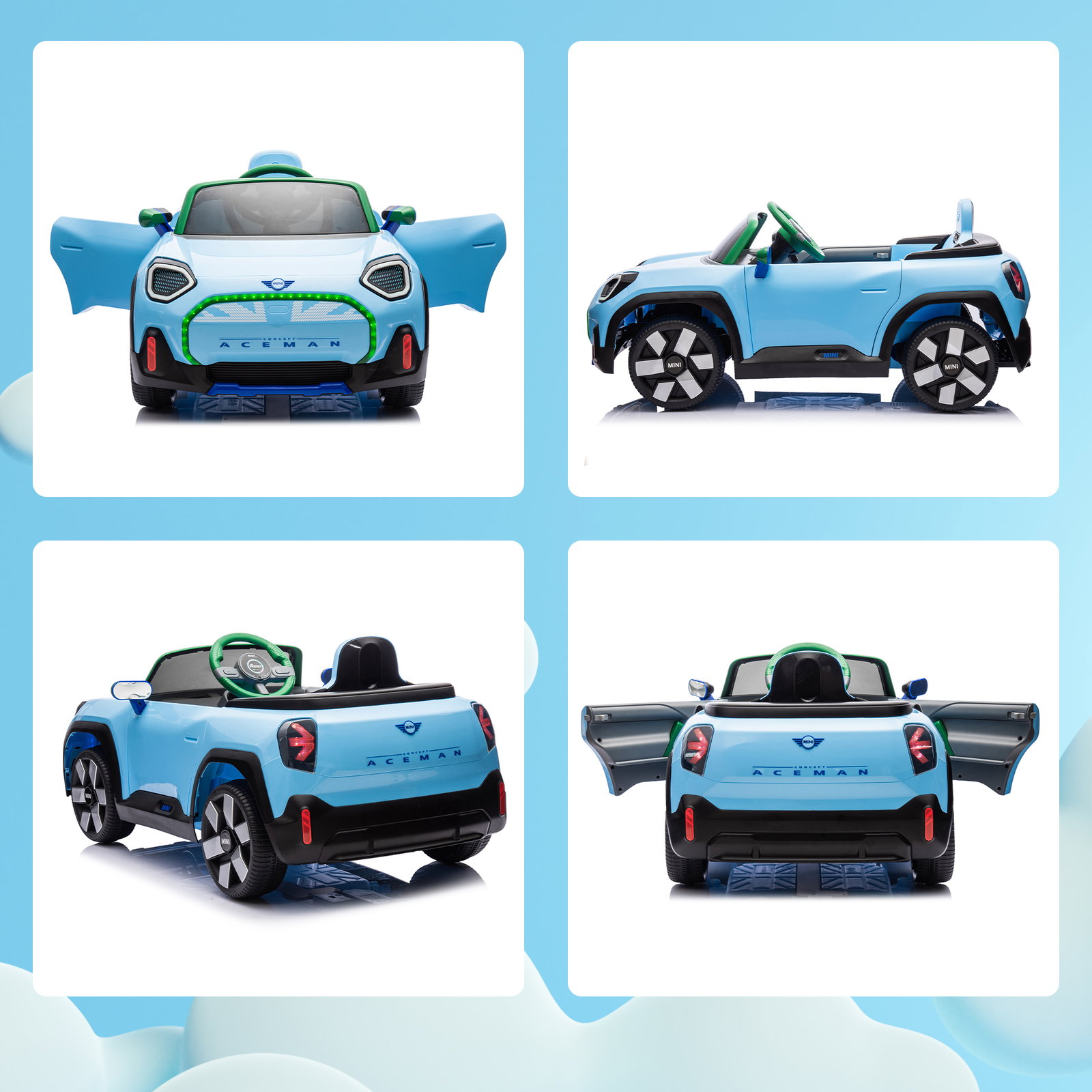Carro elétrico para crianças mini concept aceman 12v com bluetooth motor duplo suspensão traseira faróis música USB 109x63x46 cm azul