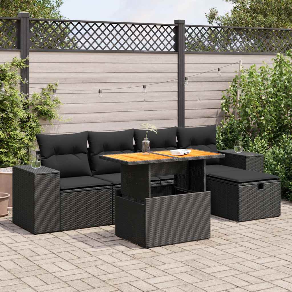 6 Pcs conjunto sofás jardim c/ almofadões vime PE/acácia preto