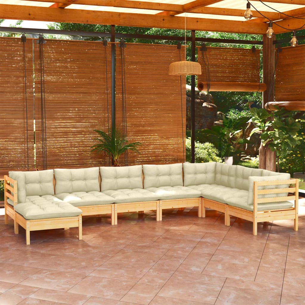 8 Pcs conjunto lounge jardim c/ almofadões creme pinho maciço
