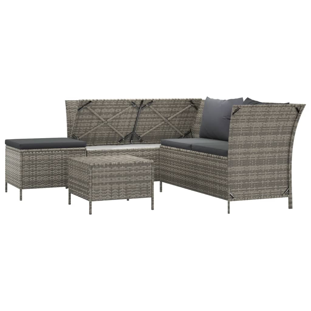 4 Pcs conjunto lounge de jardim c/ almofadões vime PE cinzento