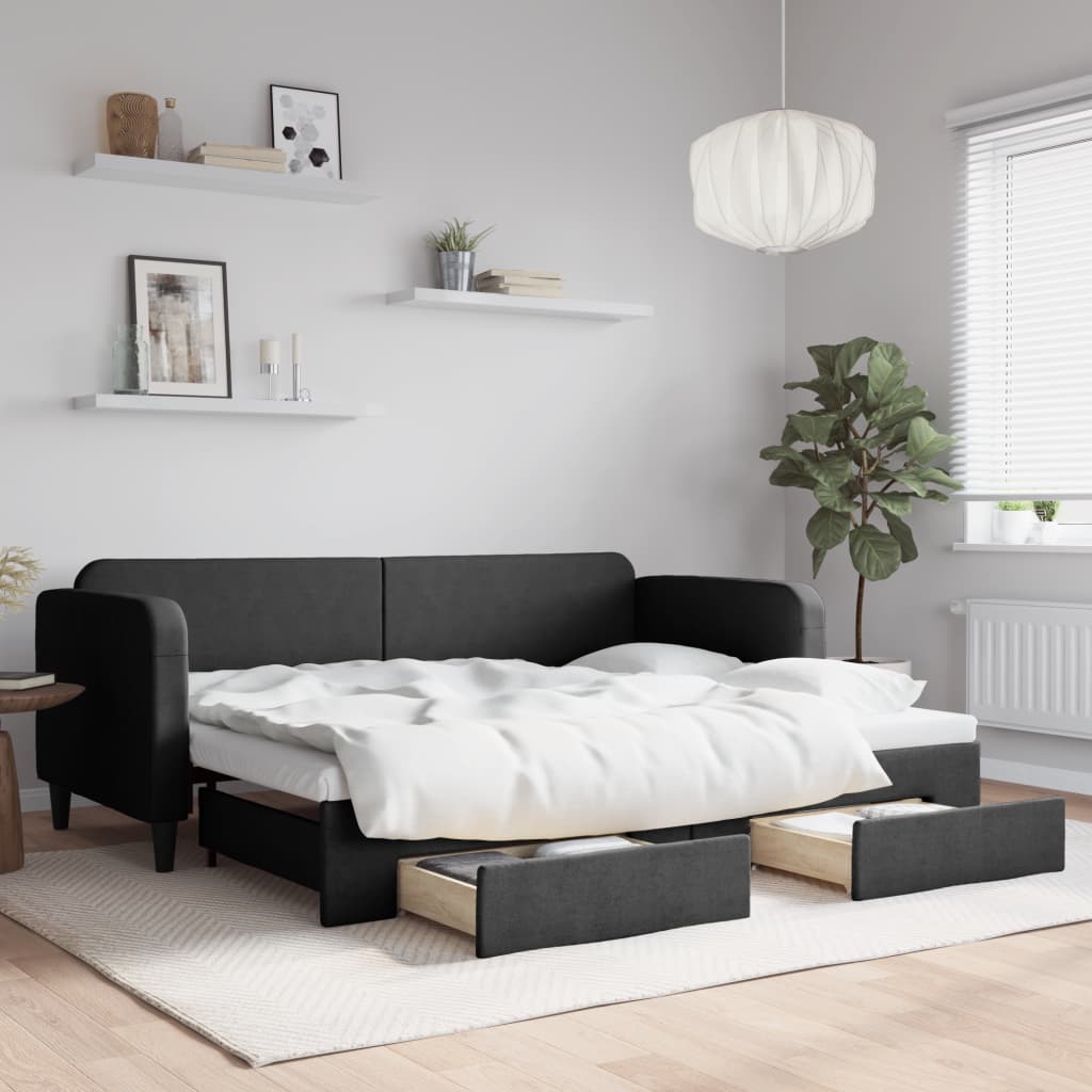 Sofá-cama com gavetão e gavetas 80x200 cm tecido preto