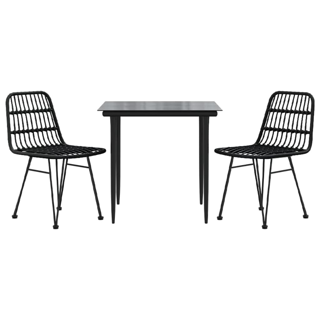 3 Pcs conjunto de jantar para jardim vime PE preto