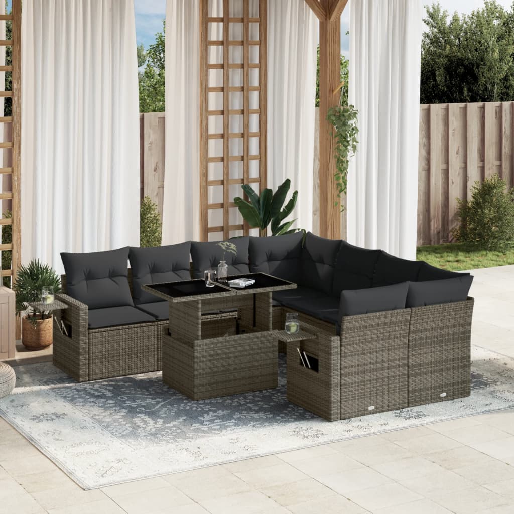 9 Pcs conjunto sofás p/ jardim com almofadões vime PE cinzento