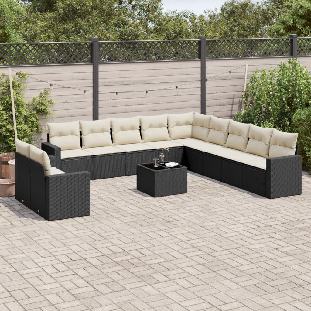 12 Pcs conjunto de sofás de jardim c/ almofadões vime PE preto