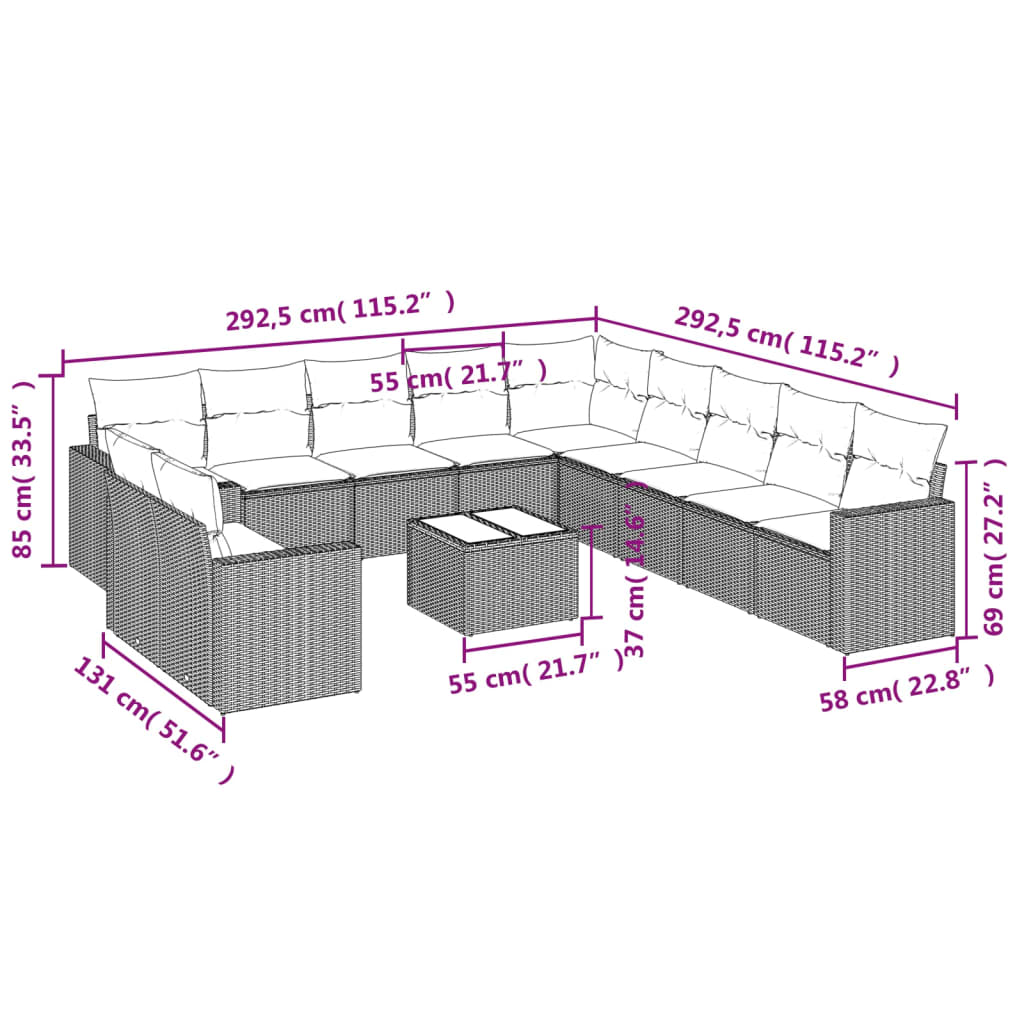 12 Pcs conjunto de sofás de jardim c/ almofadões vime PE preto