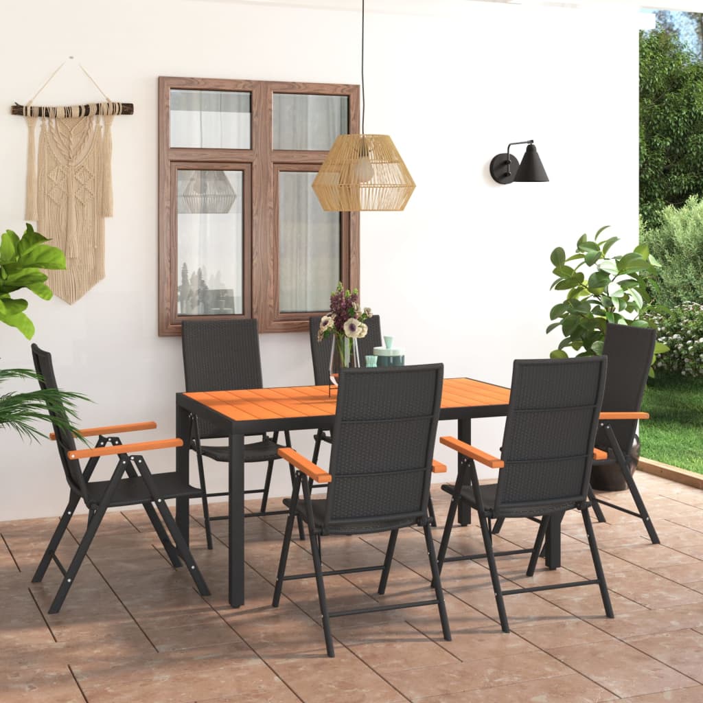 7 Pcs conjunto de jantar para jardim preto e castanho