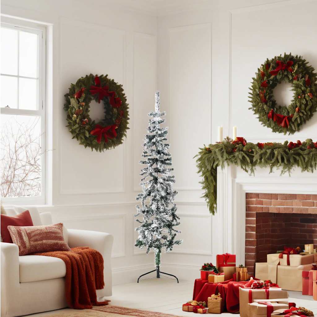 Meia árvore de natal fina com flocos de neve 150 cm