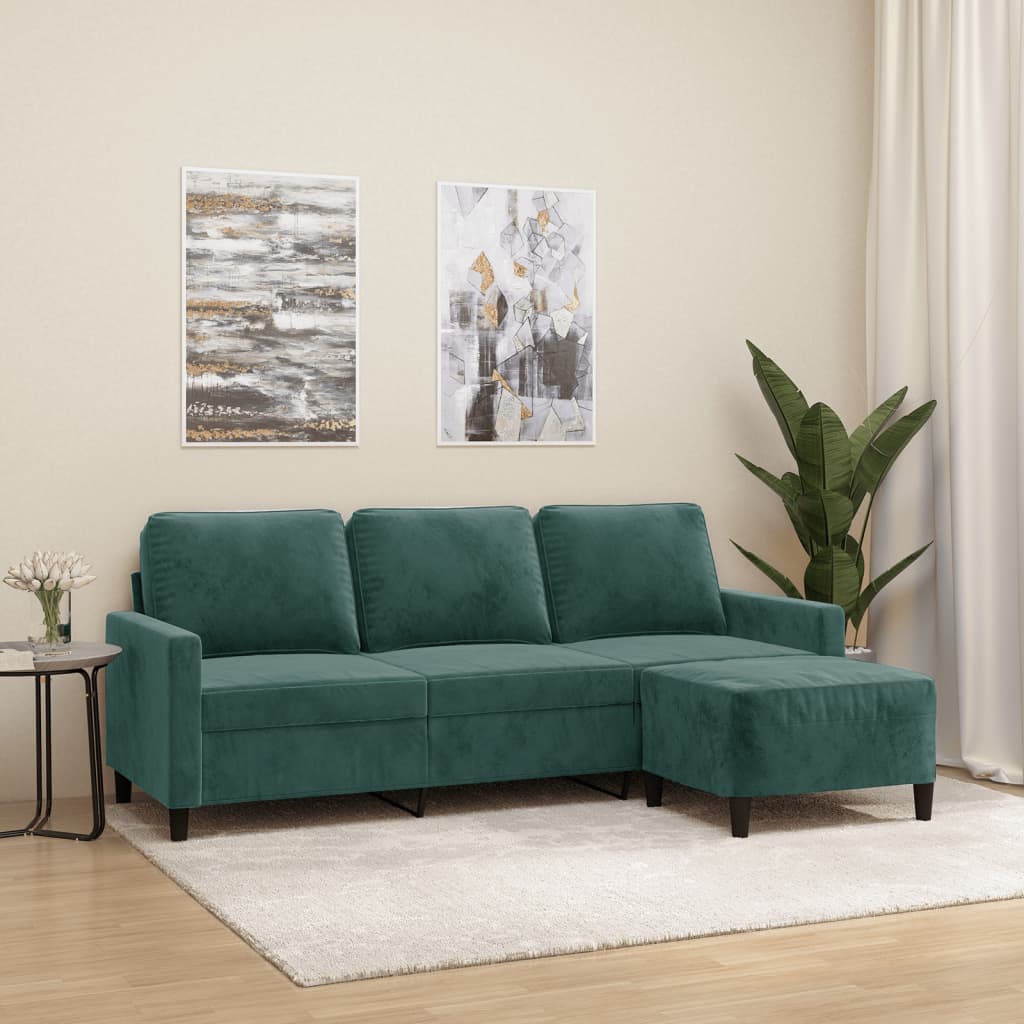Sofá de 3 lugares com apoio de pés 180 cm veludo verde-escuro