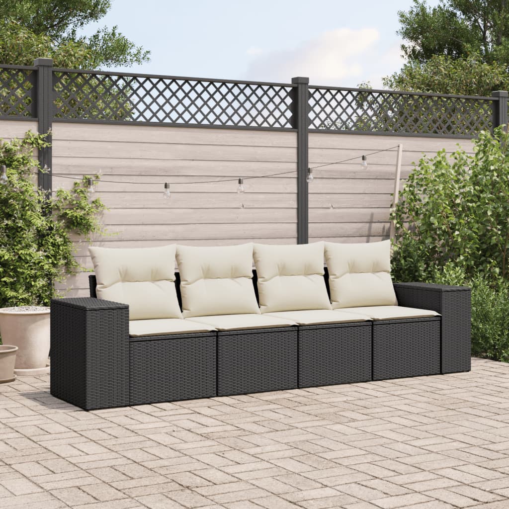 4 Pcs conjunto de sofás para jardim c/ almofadões vime PE preto