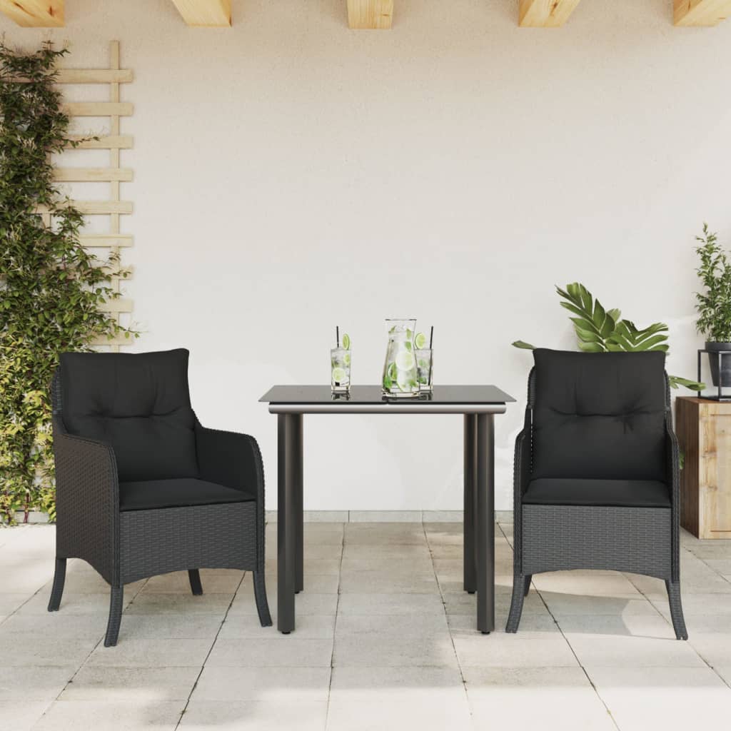 3 Pcs conjunto de jantar p/ jardim c/ almofadões vime PE preto