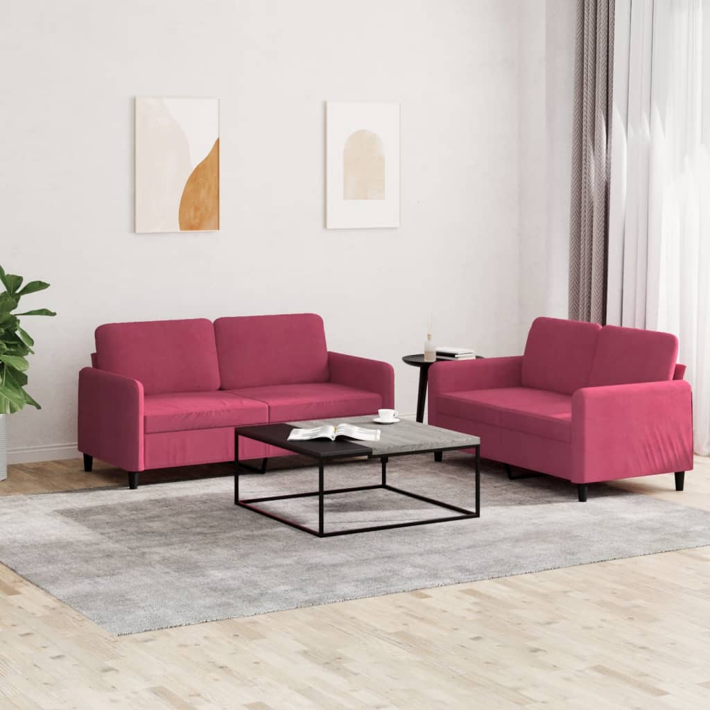 2 Pcs conjunto de sofás veludo vermelho-tinto