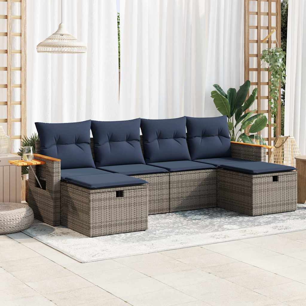 6 Pcs conjunto sofás de jardim com almofadões vime cinzento