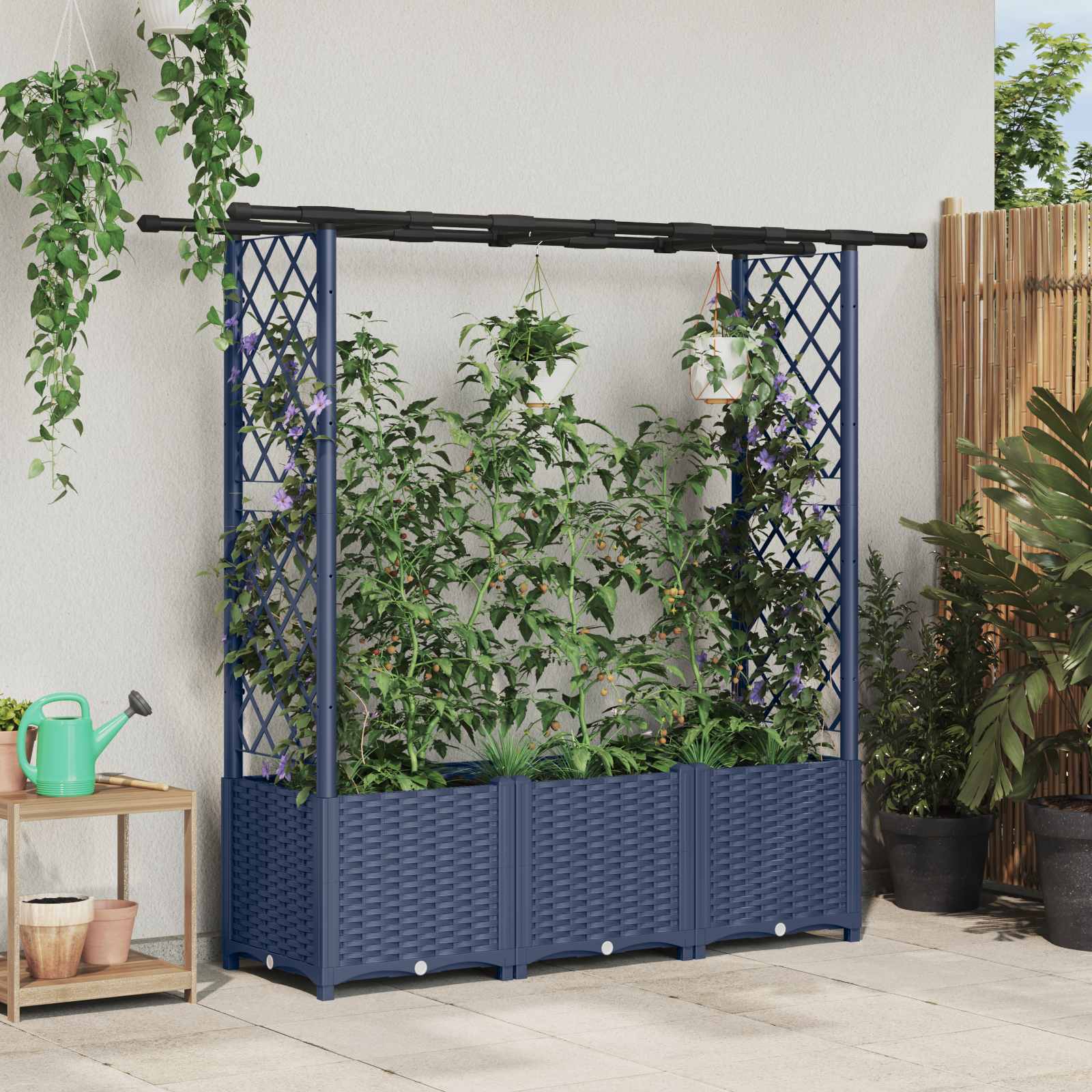 Cama elevada com treliça e telhado cinzento 162,5 x 40 x 136 cm