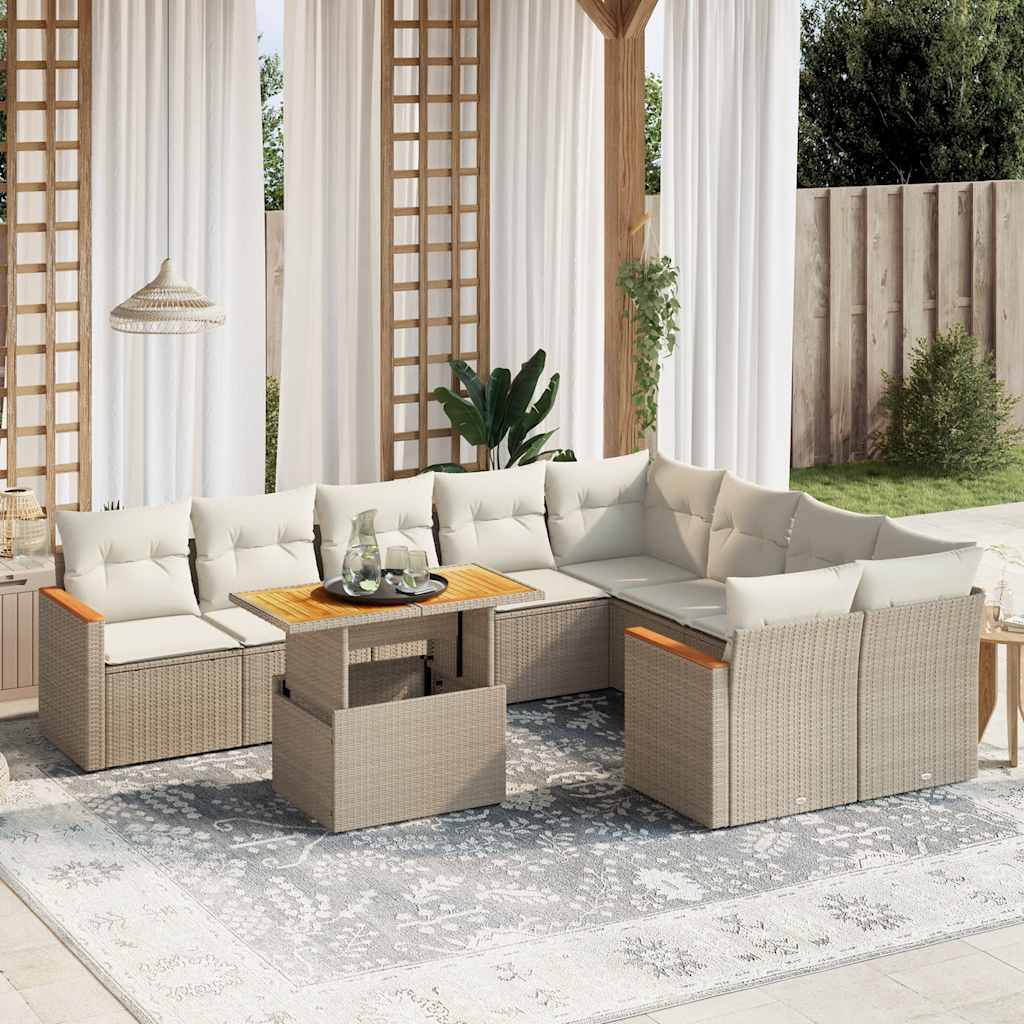 10 Pcs conjunto de sofás p/ jardim com almofadões vime PE bege