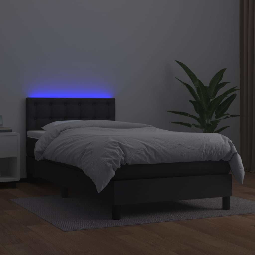 Cama box spring c/ colchão/LED 90x190 cm couro artificial preto