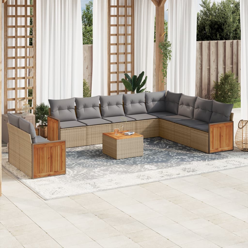11 Pcs conjunto sofás de jardim c/ almofadões vime PE bege