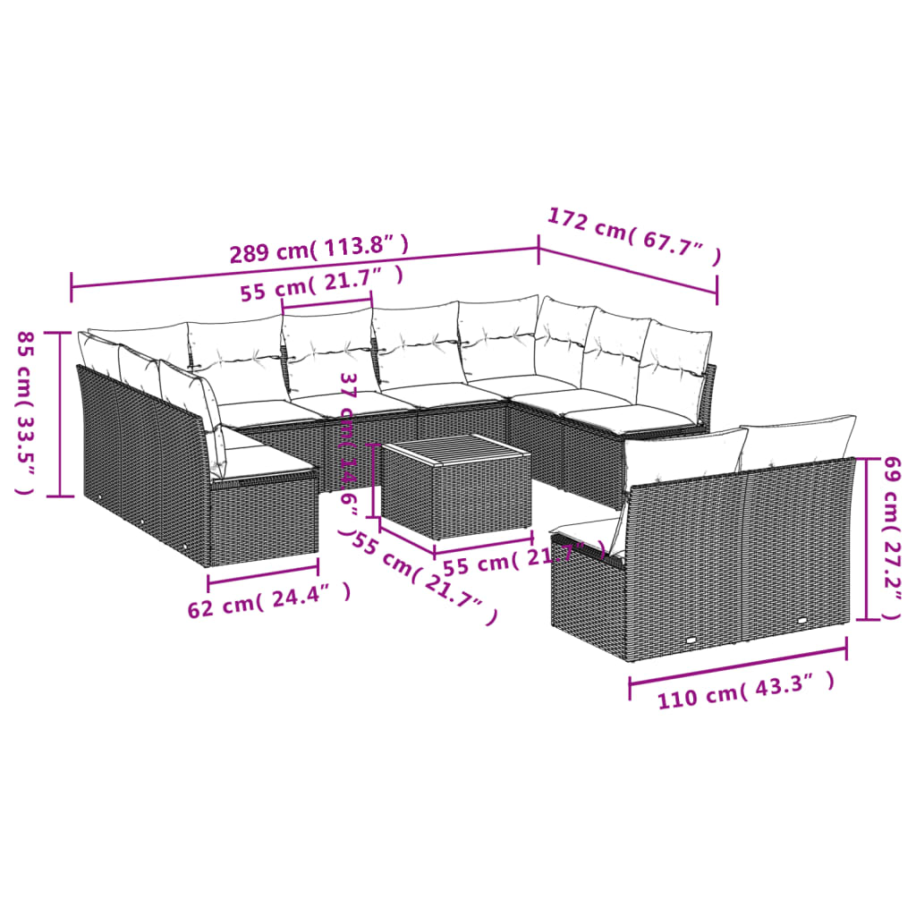 12 Pcs conjunto de sofás p/ jardim com almofadões vime PE bege