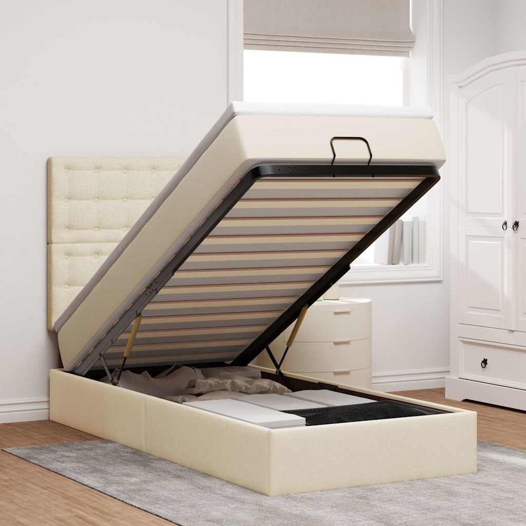 Cama otomana com colchão 100x200 cm tecido creme