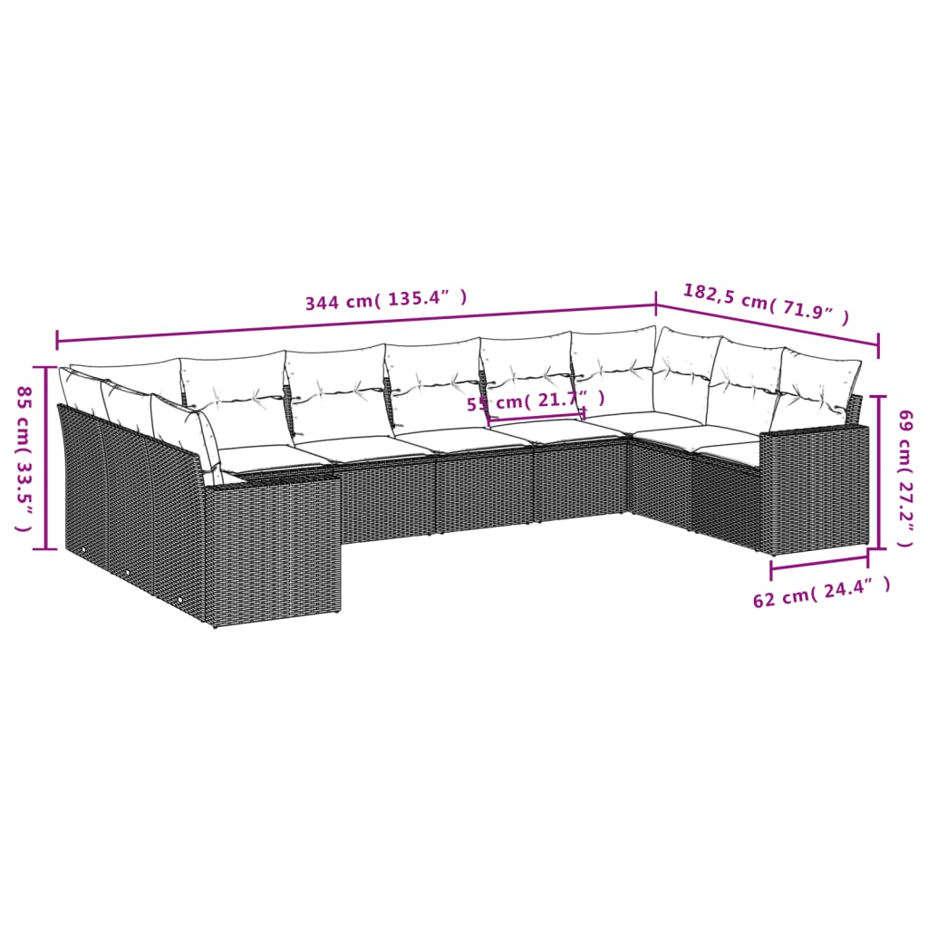 10 Pcs conjunto de sofás p/ jardim com almofadões vime PE bege